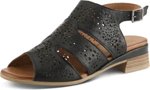 Spring Step Plasma Leather Women's Sandal | Low Heel Sandals for Women with Floral Perforated Full Coverage Upper, Stretch Buckle Closure