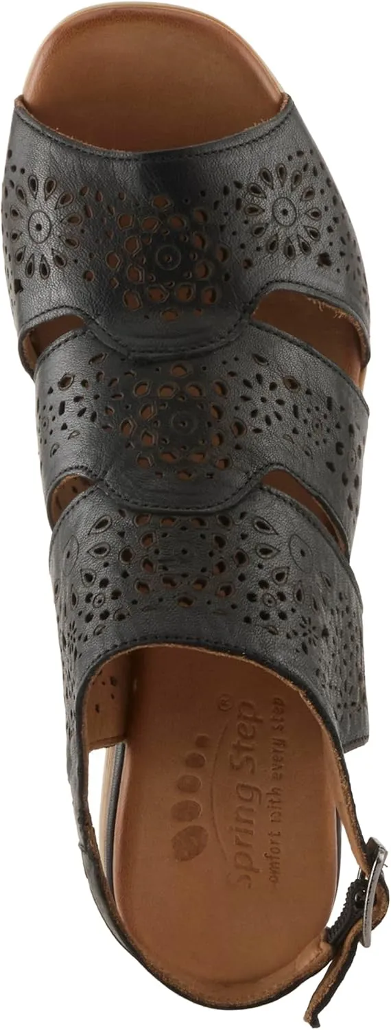 Spring Step Plasma Leather Women's Sandal | Low Heel Sandals for Women with Floral Perforated Full Coverage Upper, Stretch Buckle Closure