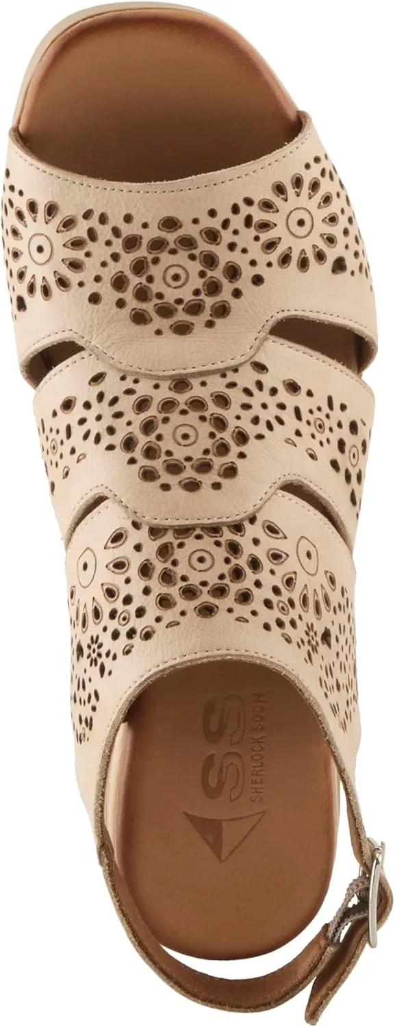 Spring Step Plasma Leather Women's Sandal | Low Heel Sandals for Women with Floral Perforated Full Coverage Upper, Stretch Buckle Closure