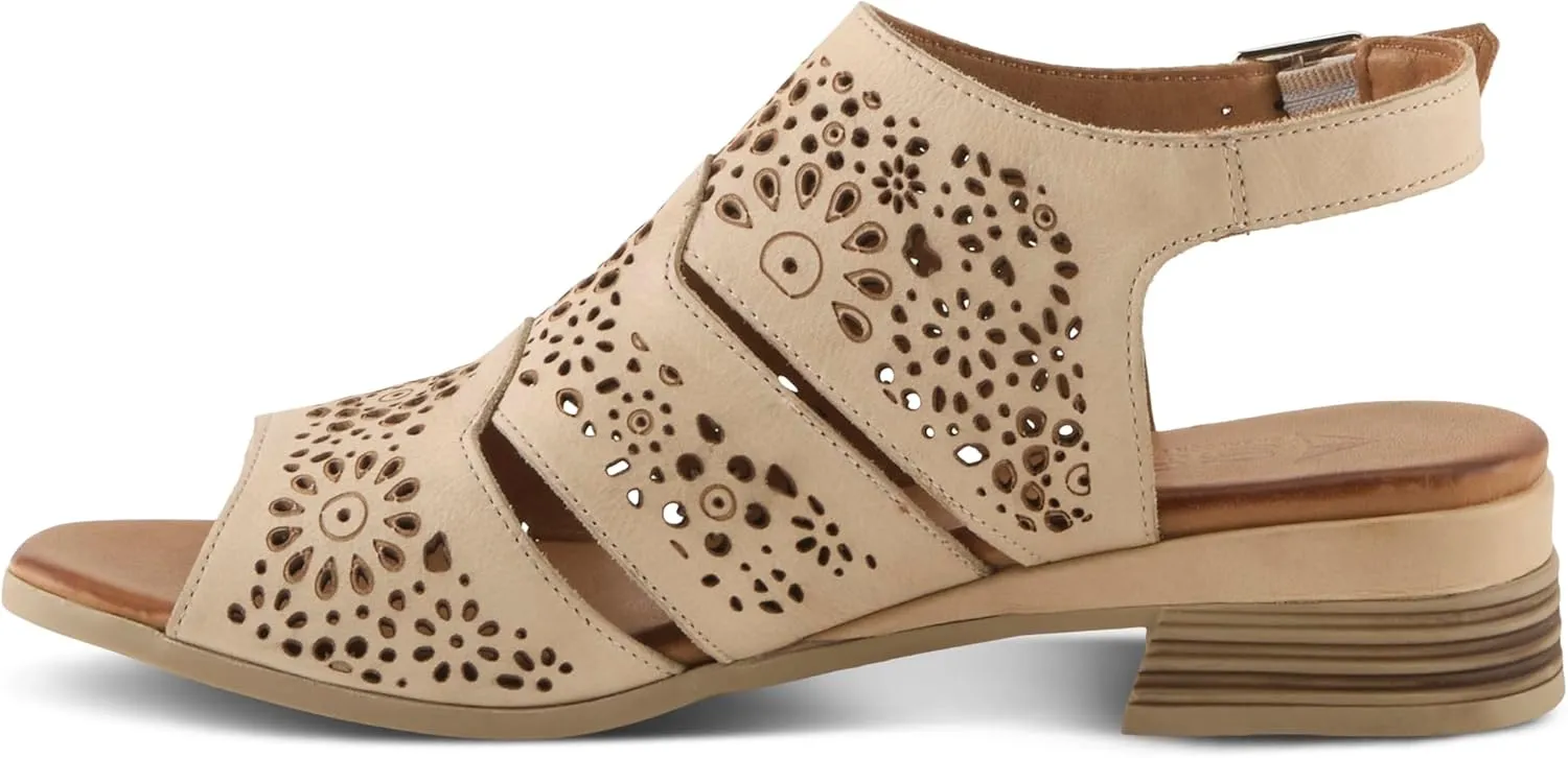 Spring Step Plasma Leather Women's Sandal | Low Heel Sandals for Women with Floral Perforated Full Coverage Upper, Stretch Buckle Closure