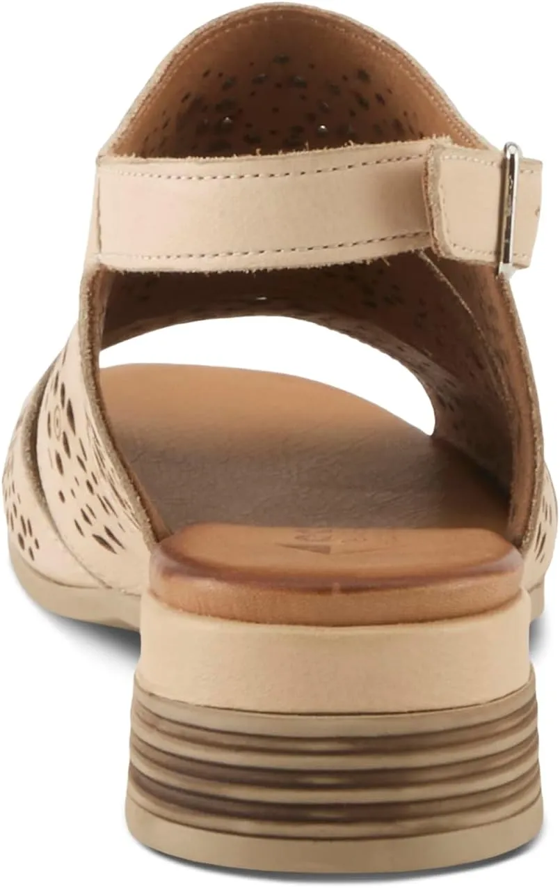 Spring Step Plasma Leather Women's Sandal | Low Heel Sandals for Women with Floral Perforated Full Coverage Upper, Stretch Buckle Closure