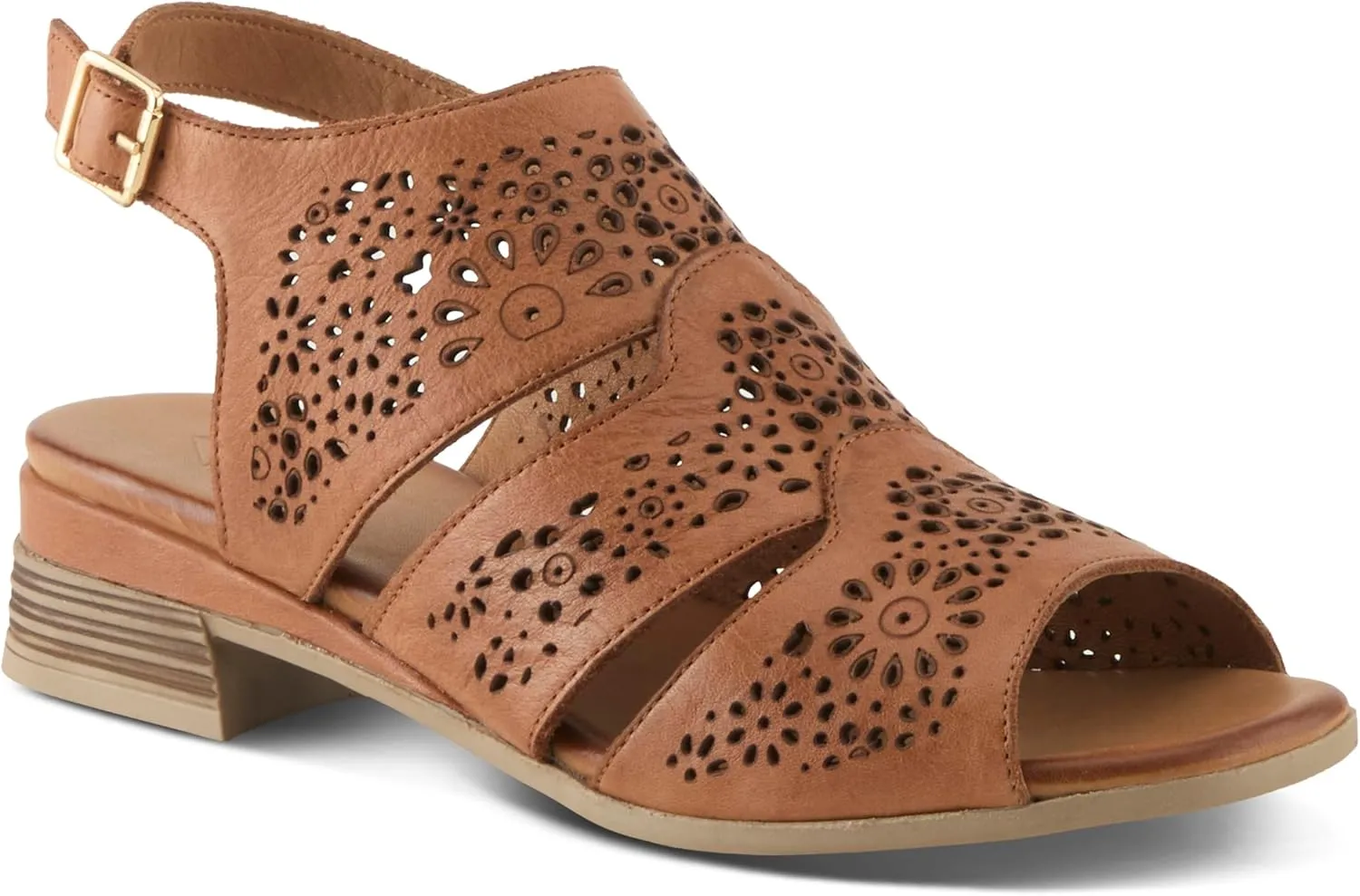 Spring Step Plasma Leather Women's Sandal | Low Heel Sandals for Women with Floral Perforated Full Coverage Upper, Stretch Buckle Closure