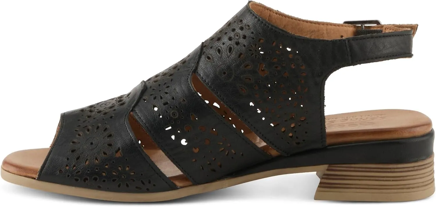Spring Step Plasma Leather Women's Sandal | Low Heel Sandals for Women with Floral Perforated Full Coverage Upper, Stretch Buckle Closure