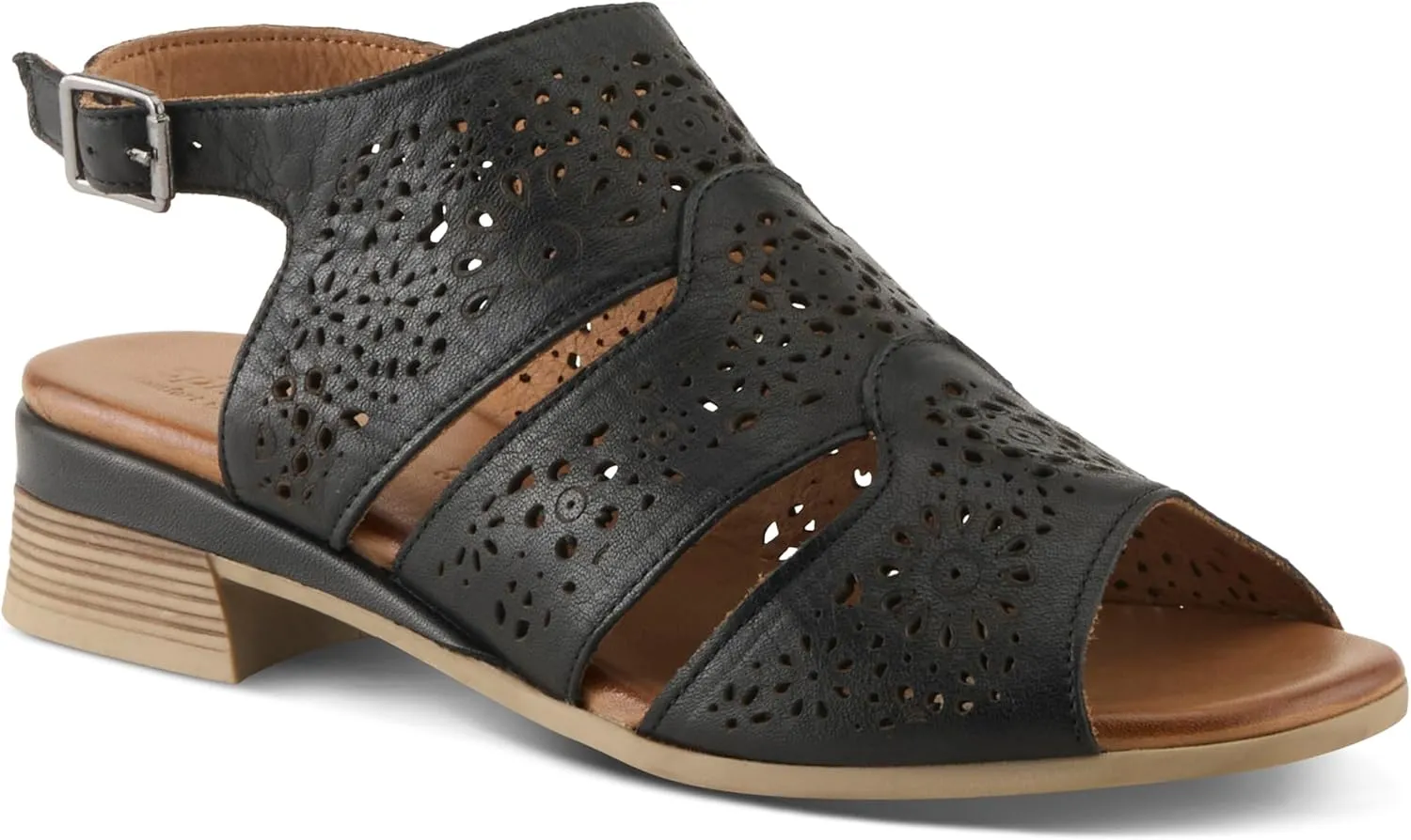 Spring Step Plasma Leather Women's Sandal | Low Heel Sandals for Women with Floral Perforated Full Coverage Upper, Stretch Buckle Closure