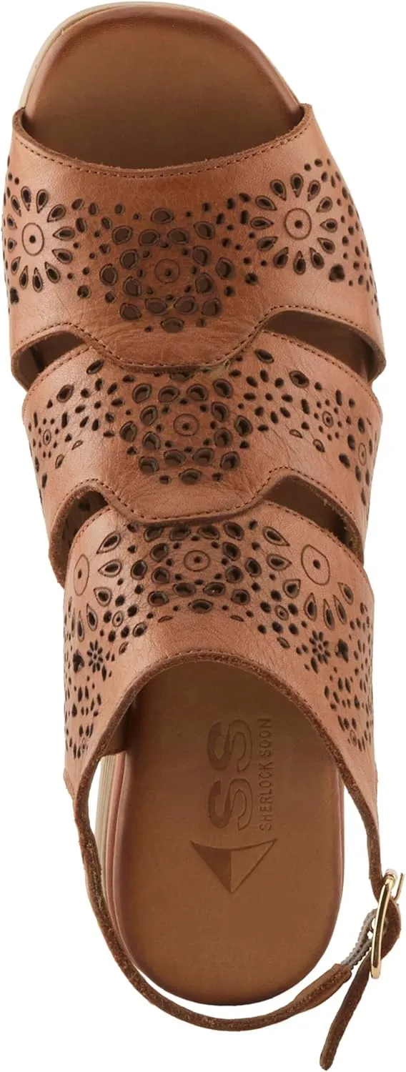 Spring Step Plasma Leather Women's Sandal | Low Heel Sandals for Women with Floral Perforated Full Coverage Upper, Stretch Buckle Closure