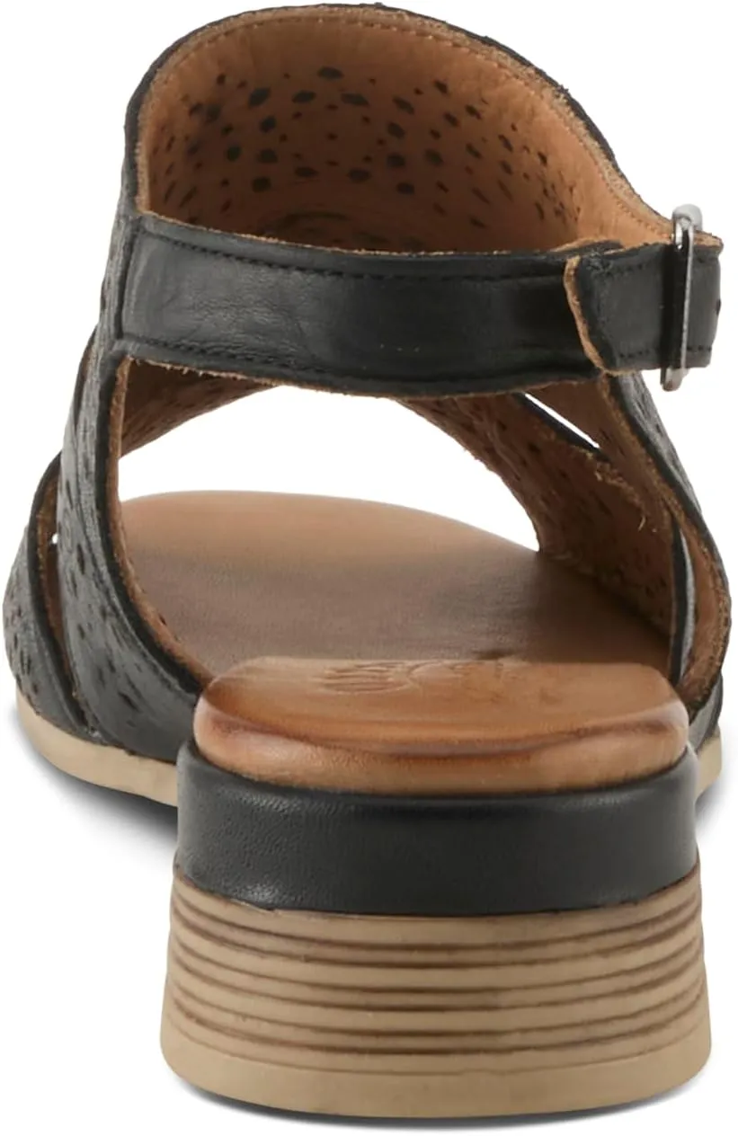 Spring Step Plasma Leather Women's Sandal | Low Heel Sandals for Women with Floral Perforated Full Coverage Upper, Stretch Buckle Closure