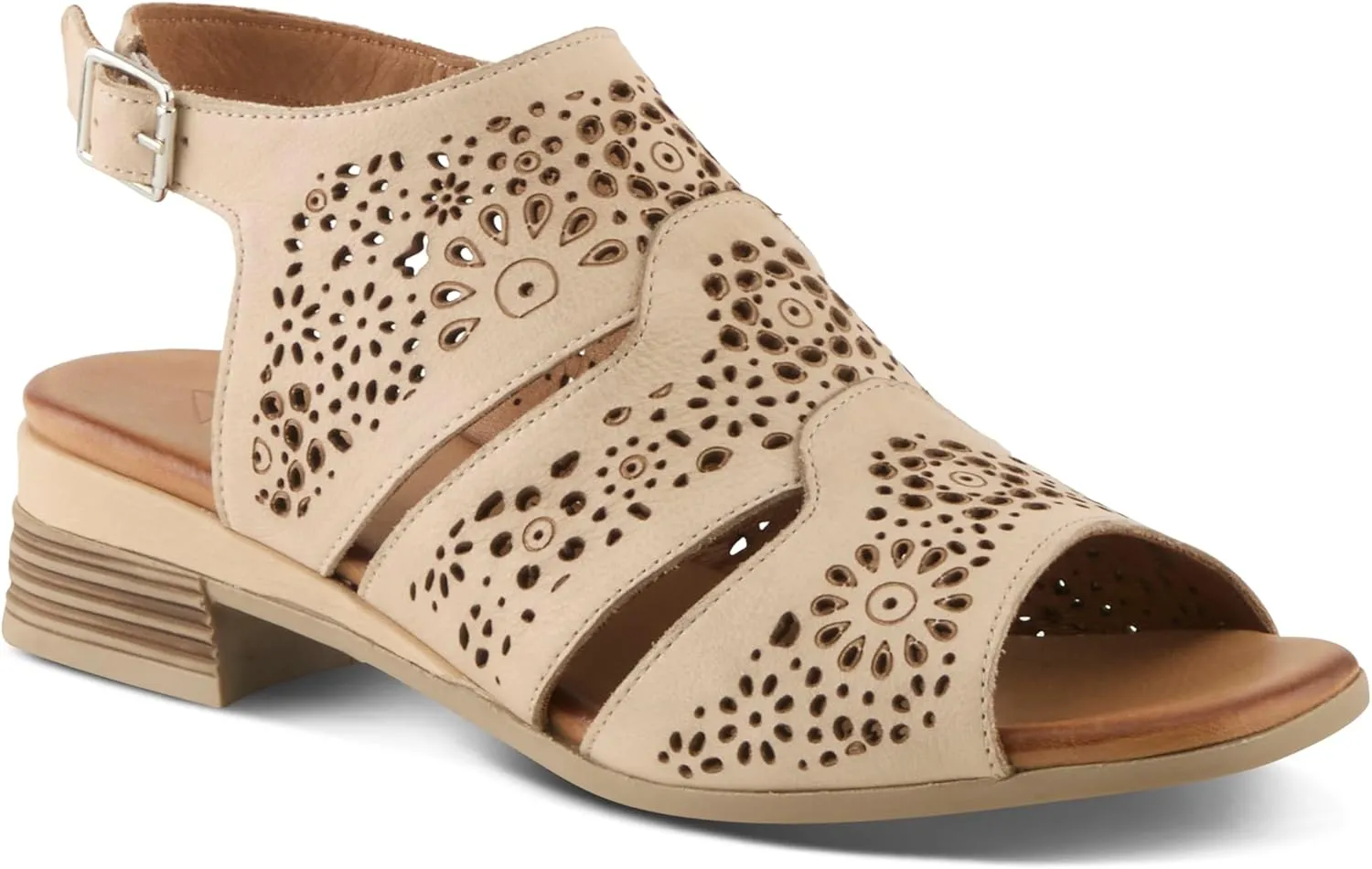 Spring Step Plasma Leather Women's Sandal | Low Heel Sandals for Women with Floral Perforated Full Coverage Upper, Stretch Buckle Closure