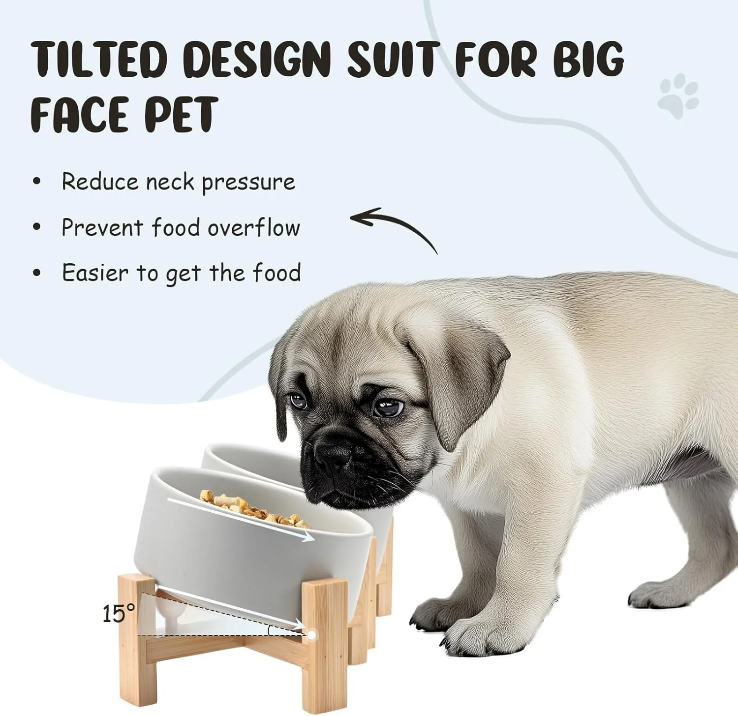 SPUNKYJUNKY 15° Slanted Ceramic Dog and Cat Bowl with Wooden Stand, Tilted Bulldog Food and Water Bowl No Slip Non-Spill for Cats Medium Dogs Big Face Pets 13.5 OZ (1.7 Cups, Grey × 2)