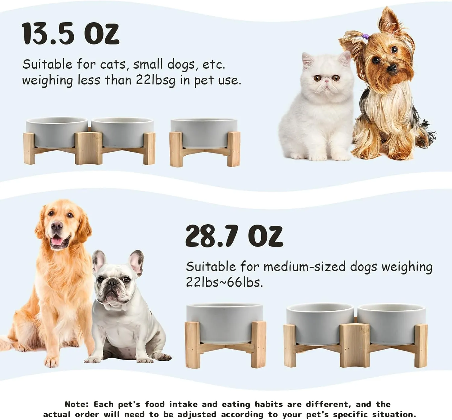 SPUNKYJUNKY 15° Slanted Ceramic Dog and Cat Bowl with Wooden Stand, Tilted Bulldog Food and Water Bowl No Slip Non-Spill for Cats Medium Dogs Big Face Pets 13.5 OZ (1.7 Cups, Grey × 2)