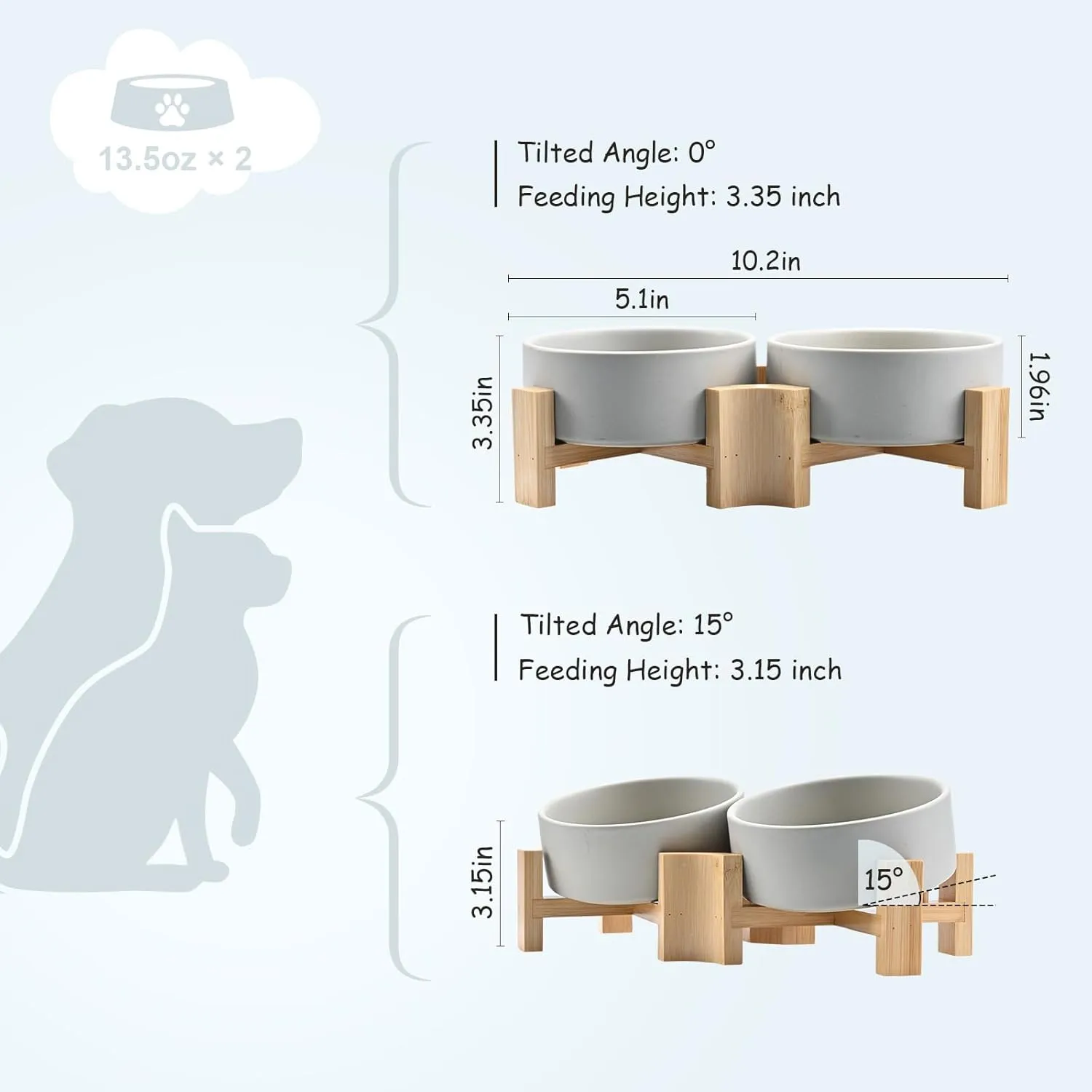 SPUNKYJUNKY 15° Slanted Ceramic Dog and Cat Bowl with Wooden Stand, Tilted Bulldog Food and Water Bowl No Slip Non-Spill for Cats Medium Dogs Big Face Pets 13.5 OZ (1.7 Cups, Grey × 2)