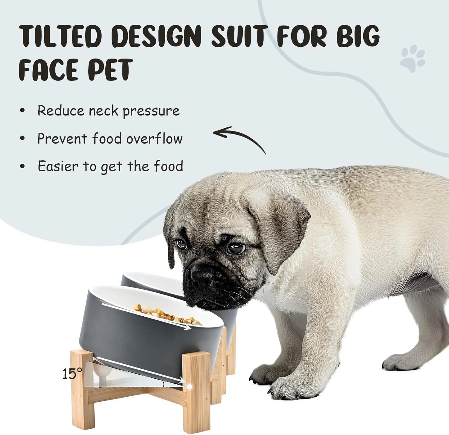SPUNKYJUNKY 15° Slanted Ceramic Dog and Cat Bowl with Wooden Stand, Tilted Bulldog Food and Water Bowl No Slip Non-Spill for Cats Medium Dogs Big Face Pets 13.5 OZ (1.7 Cups, White-Grey × 2)