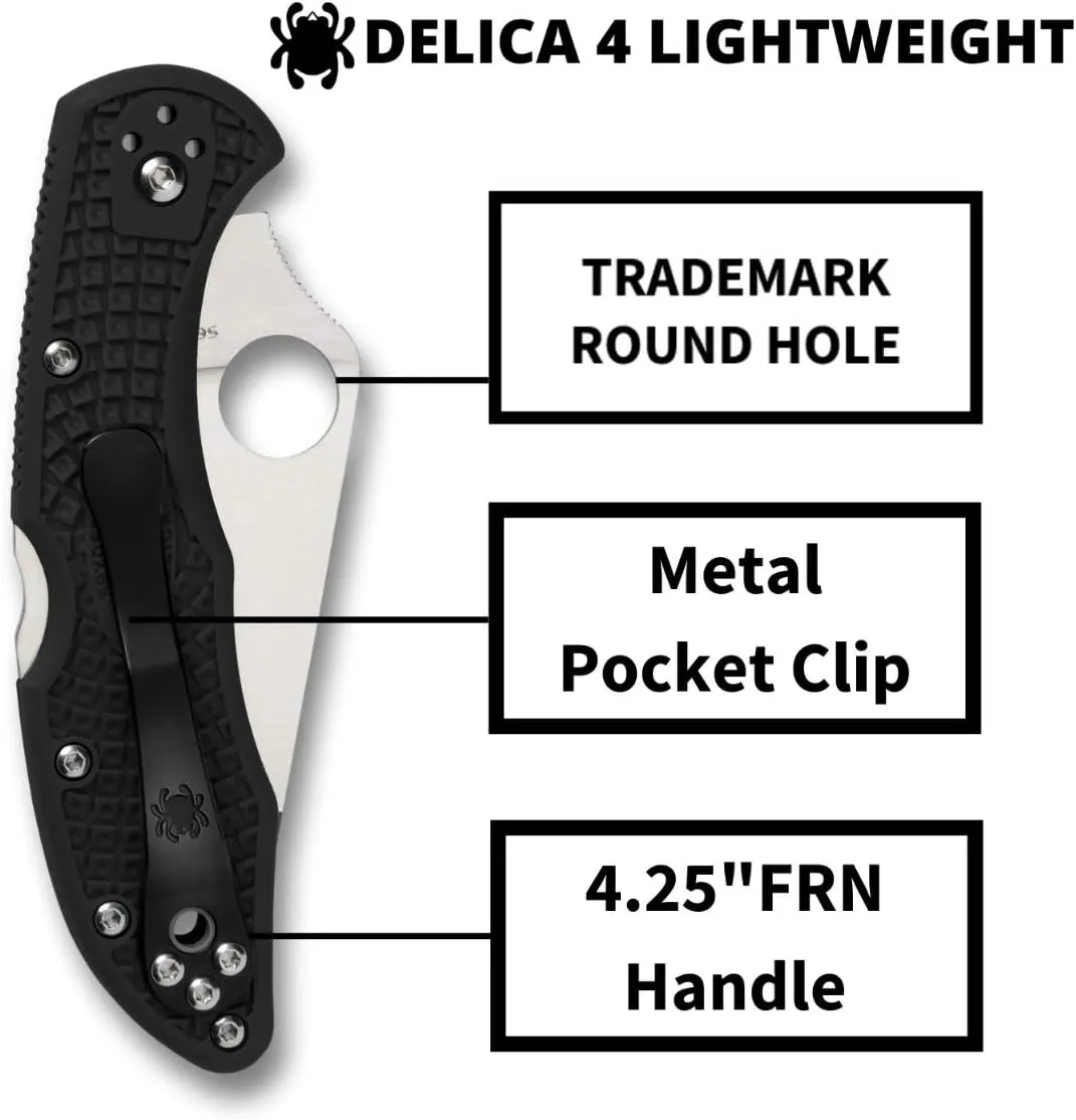Spyderco Delica 4 Lightweight 7.15" Signature Folding Knife with 2.90" Flat-Ground Steel Blade and High-Strength FRN Handle - PlainEdge Grind