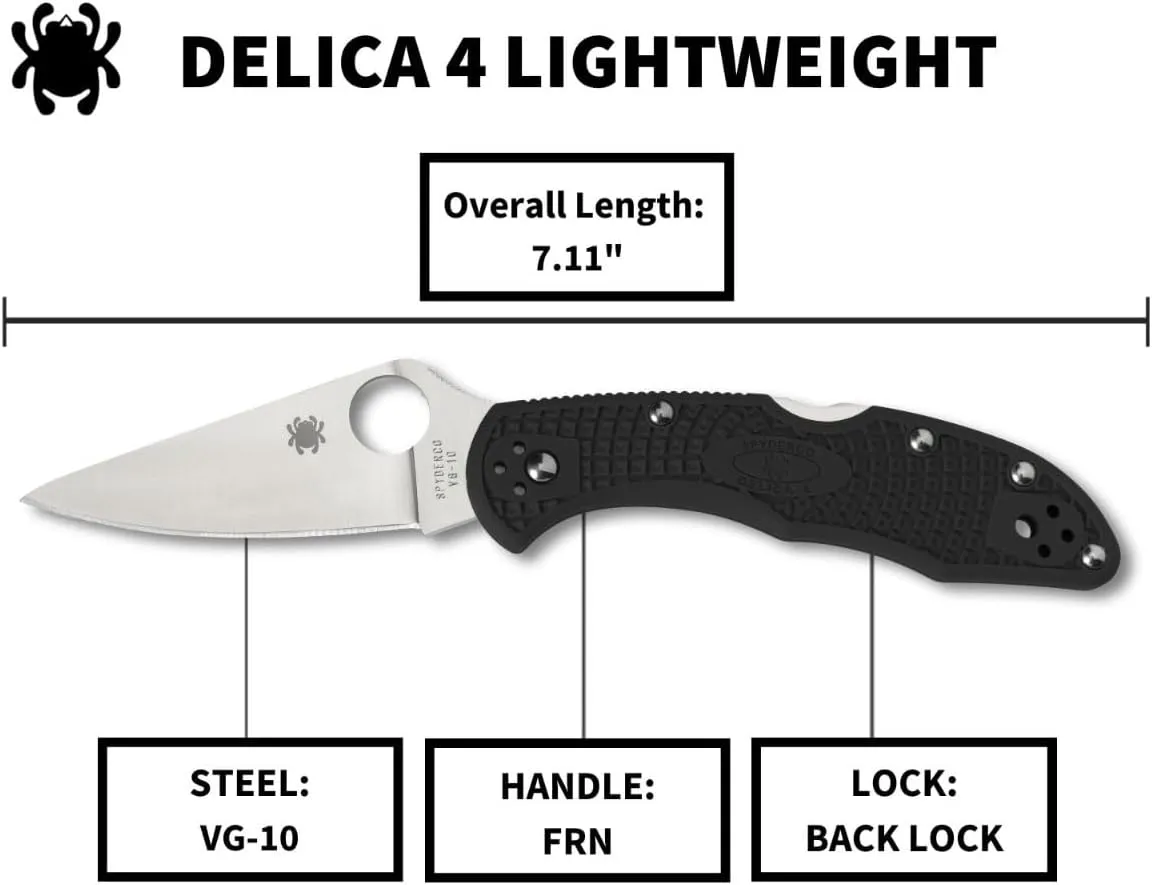Spyderco Delica 4 Lightweight 7.15" Signature Folding Knife with 2.90" Flat-Ground Steel Blade and High-Strength FRN Handle - PlainEdge Grind