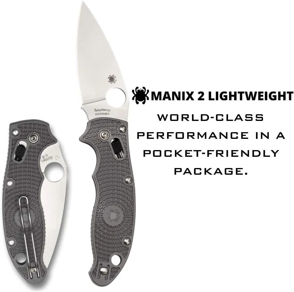 Spyderco Manix 2 Lightweight Signature Knife with 3.37" Maxamet Steel Blade and Gray FRCP Handle - PlainEdge - C101PGY2