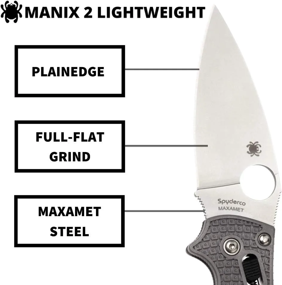 Spyderco Manix 2 Lightweight Signature Knife with 3.37" Maxamet Steel Blade and Gray FRCP Handle - PlainEdge - C101PGY2