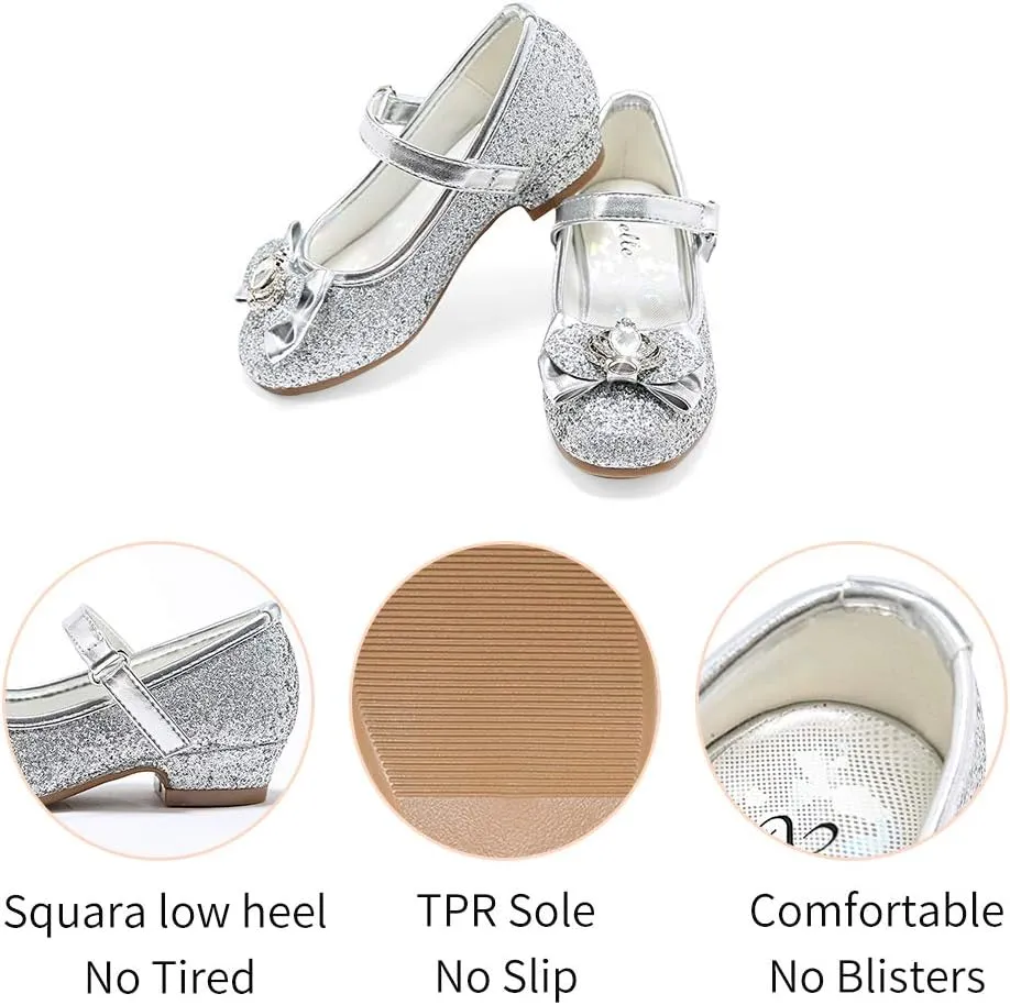 Stelle Girls Dress Shoes Glitter Princess Shoe Flower Mary Jane Low Heels Party Wedding Prom Footwear for Toddler Kids