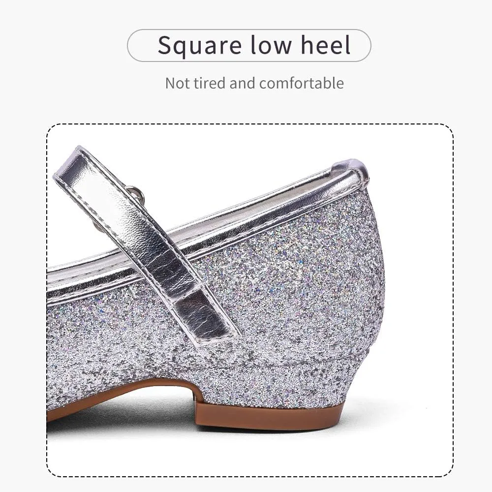 Stelle Girls Dress Shoes Glitter Princess Shoe Flower Mary Jane Low Heels Party Wedding Prom Footwear for Toddler Kids
