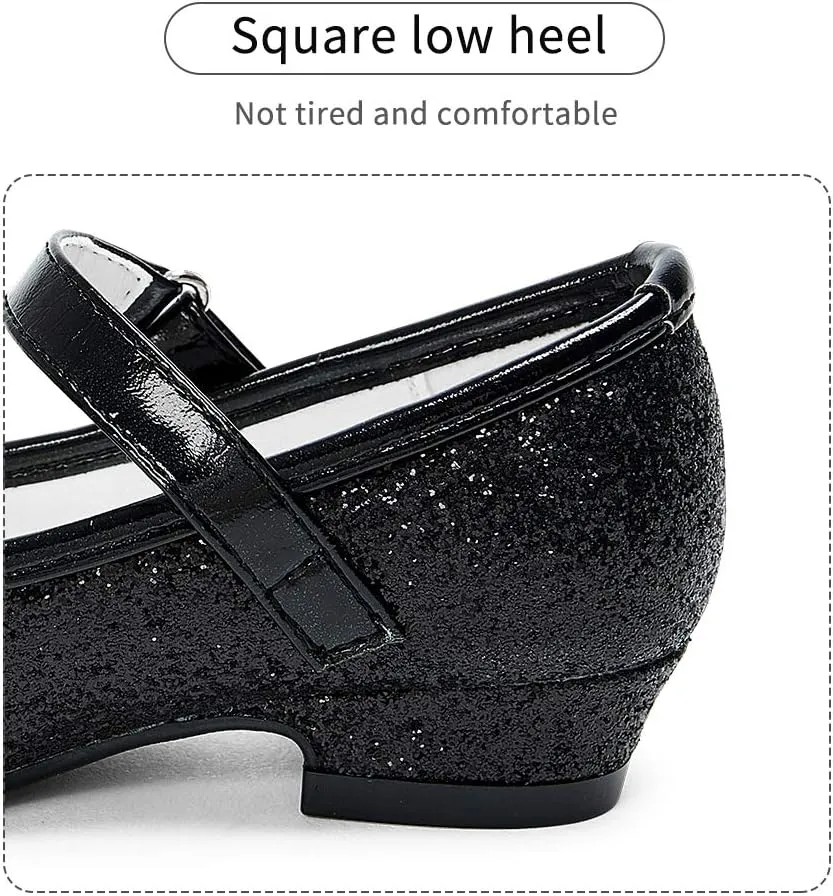Stelle Girls Dress Shoes Glitter Princess Shoe Flower Mary Jane Low Heels Party Wedding Prom Footwear for Toddler Kids