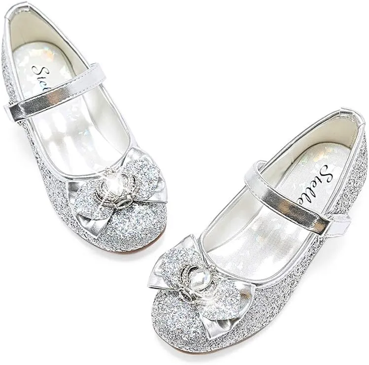 Stelle Girls Dress Shoes Glitter Princess Shoe Flower Mary Jane Low Heels Party Wedding Prom Footwear for Toddler Kids