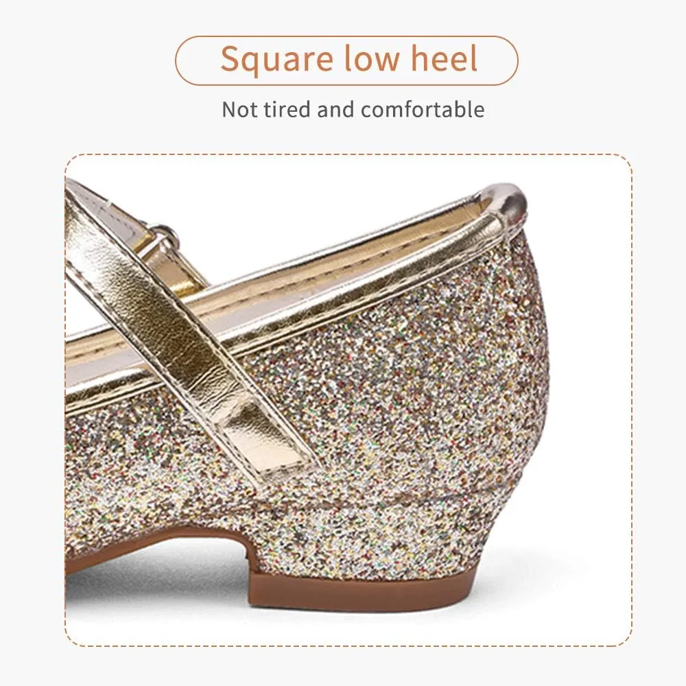 Stelle Girls Dress Shoes Glitter Princess Shoe Flower Mary Jane Low Heels Party Wedding Prom Footwear for Toddler Kids