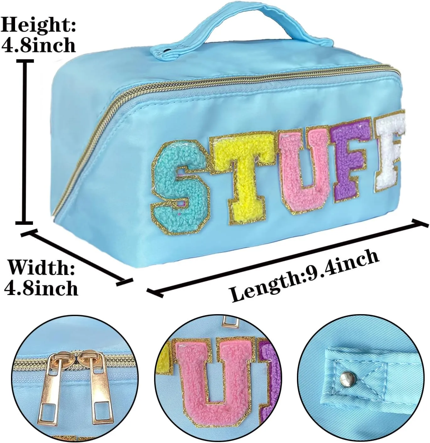 Stoney Clover Dupes Preppy Makeup Bag - Blue Chenille Letter Bag for Travel - Large Capacity Nylon Pouch with Flat Open Design