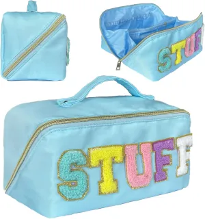 Stoney Clover Dupes Preppy Makeup Bag - Blue Chenille Letter Bag for Travel - Large Capacity Nylon Pouch with Flat Open Design