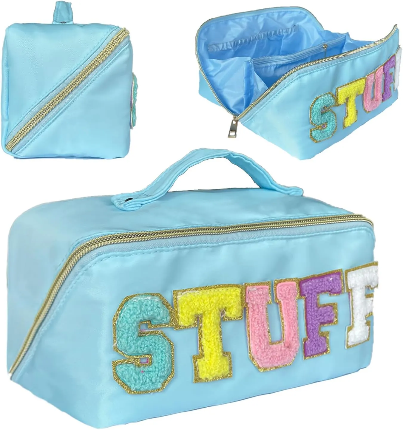 Stoney Clover Dupes Preppy Makeup Bag - Blue Chenille Letter Bag for Travel - Large Capacity Nylon Pouch with Flat Open Design