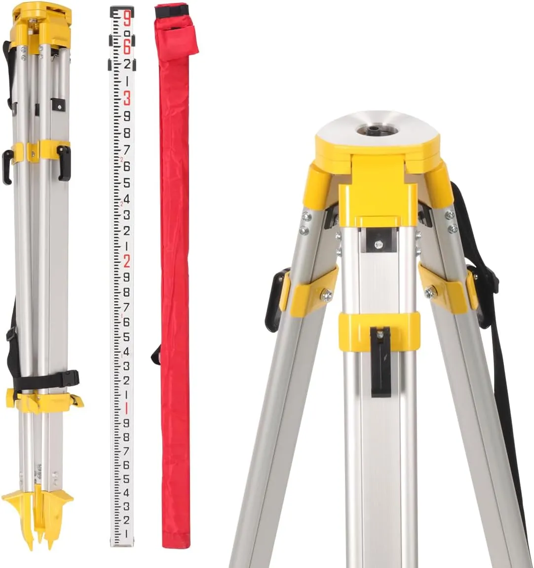 Surveying Tripod 62.2"/1580mm Extended Height and 9-Feet/10ths 30.7"/780mm Aluminum Grade Rod, 5/8” x 11 Thread for Precise Transit Construction Measurement Land Surveying