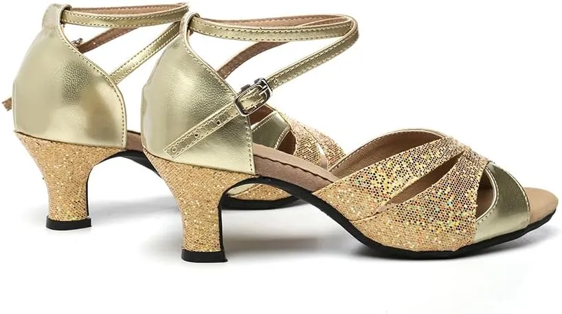 SWDZM Glitter Latin Dance Shoes for Women Salsa Bachata Ballroom Performance Dance Shoes Outdoor