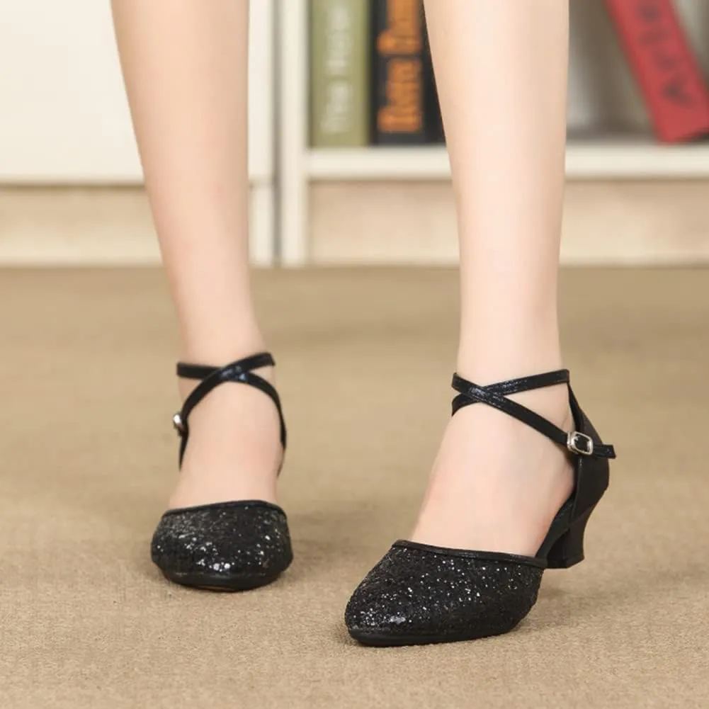 SWDZM Glitter Women Latin Dance Shoes Closed Toe Ballroom Salsa Dance Heels Party Dress Shoes