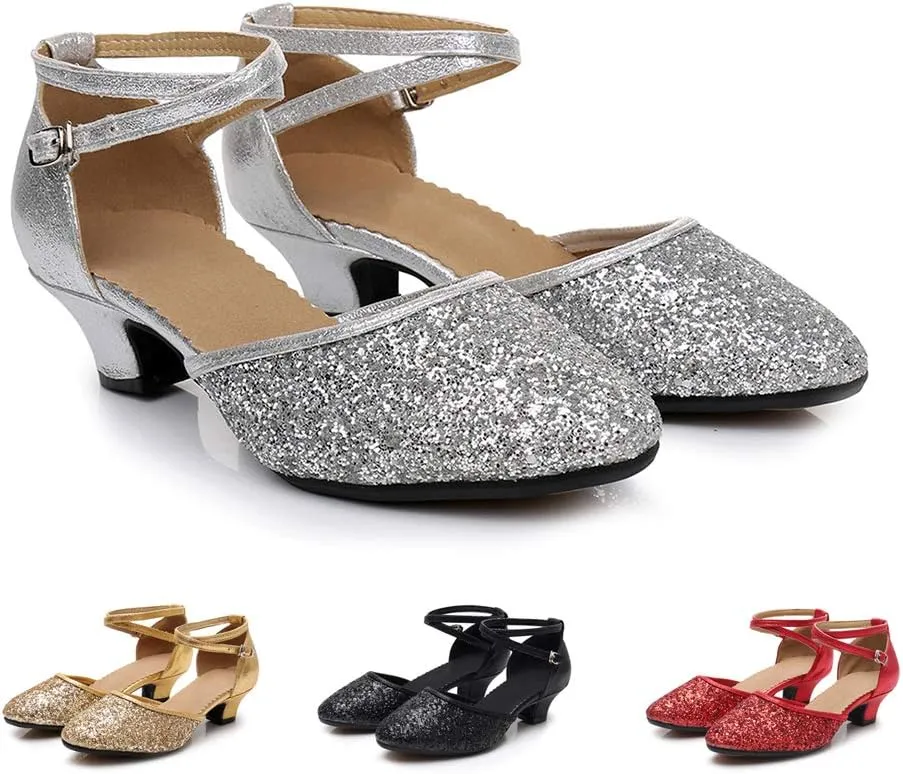 SWDZM Glitter Women Latin Dance Shoes Closed Toe Ballroom Salsa Dance Heels Party Dress Shoes