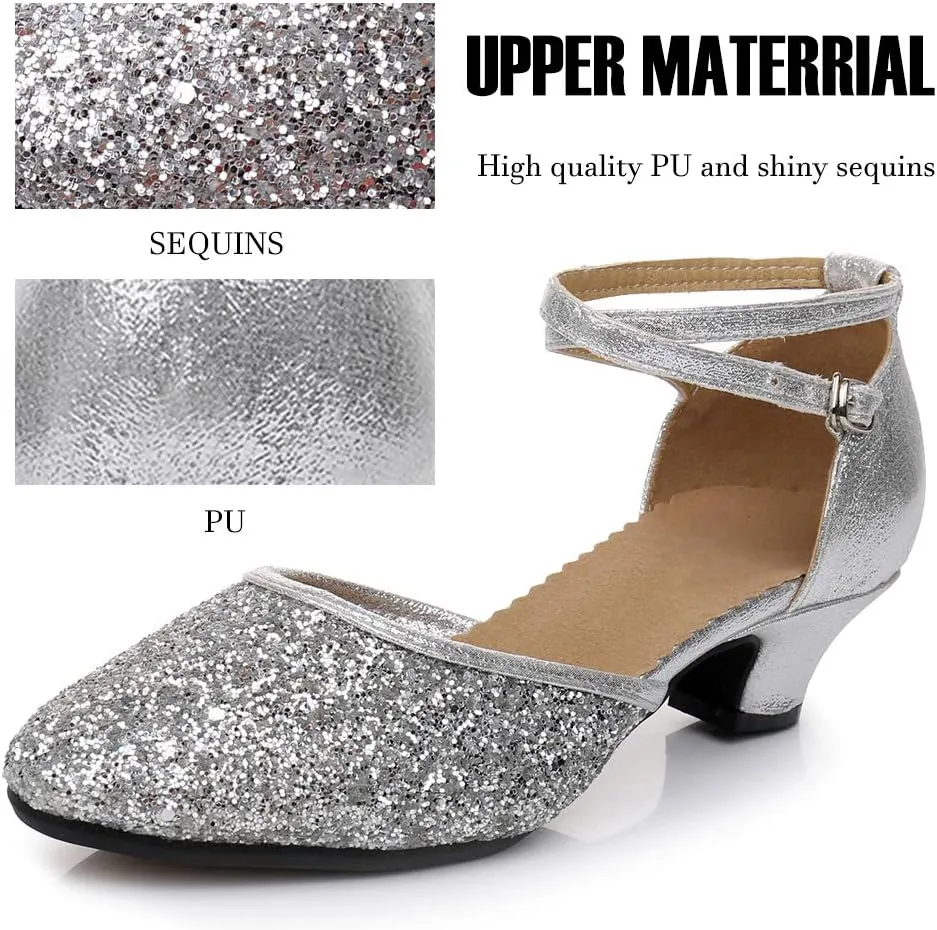 SWDZM Glitter Women Latin Dance Shoes Closed Toe Ballroom Salsa Dance Heels Party Dress Shoes