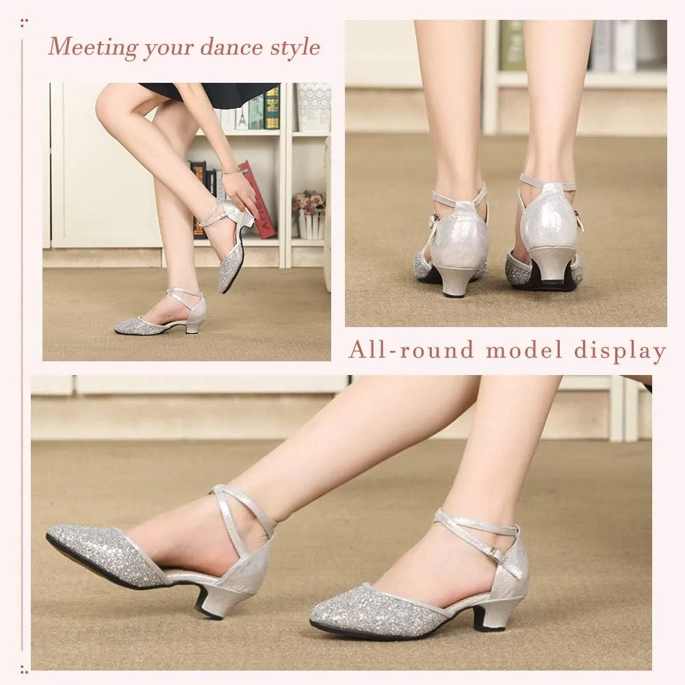 SWDZM Glitter Women Latin Dance Shoes Closed Toe Ballroom Salsa Dance Heels Party Dress Shoes