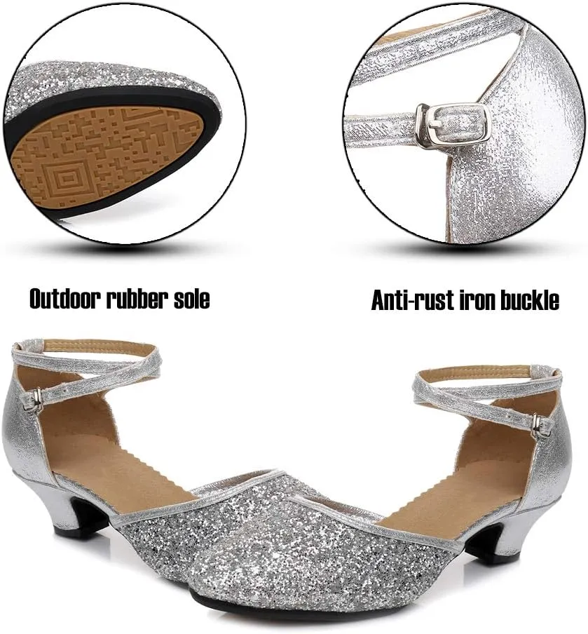 SWDZM Glitter Women Latin Dance Shoes Closed Toe Ballroom Salsa Dance Heels Party Dress Shoes