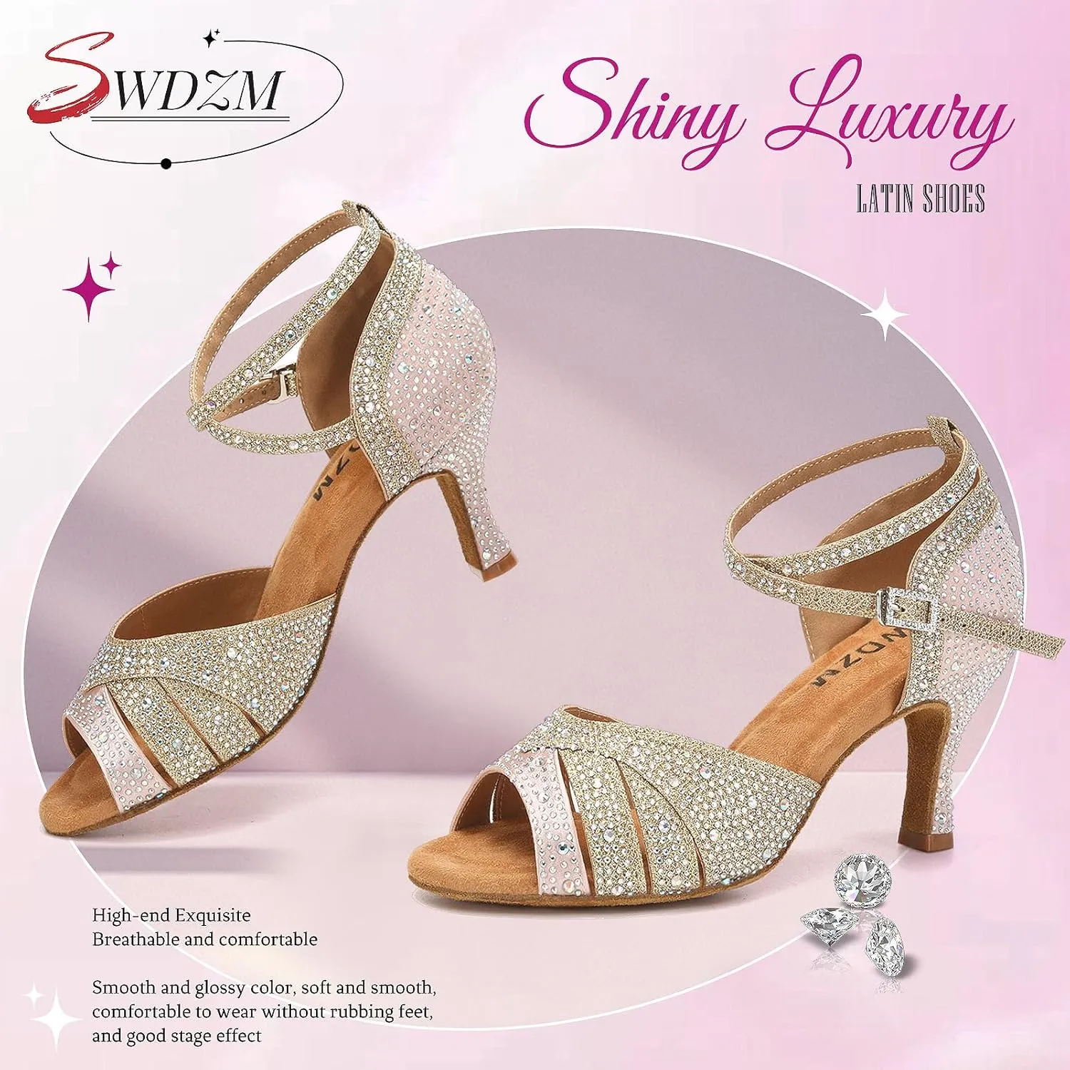 SWDZM Women Rhinestone Ballroom Dance Shoes Latin Salsa Performance Dancing Shoes
