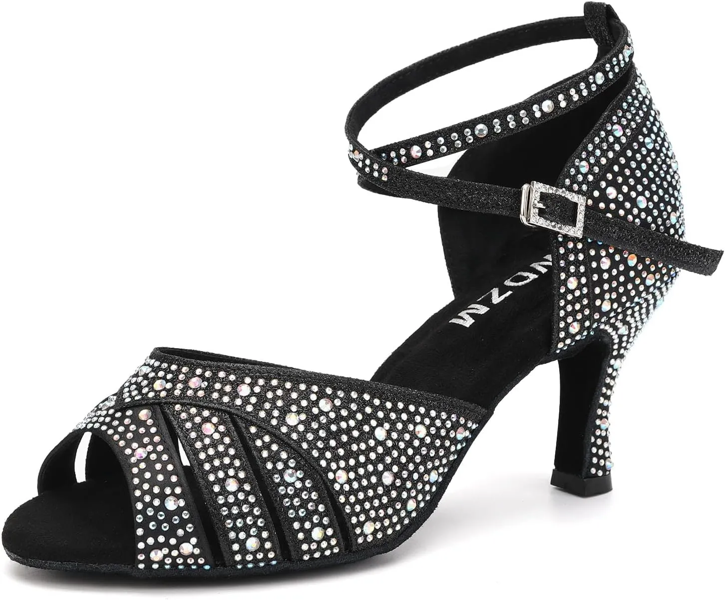SWDZM Women Rhinestone Ballroom Dance Shoes Latin Salsa Performance Dancing Shoes,Black,Heel 3 inch,Suede Sole,8 US
