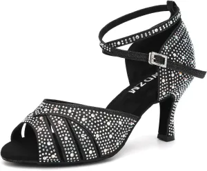 SWDZM Women Rhinestone Ballroom Dance Shoes Latin Salsa Performance Dancing Shoes,Black,Heel 3 inch,Suede Sole,8 US