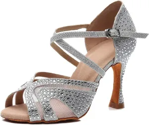 TDA Women's Peep Toe Glitter Synthetic Rhinestones Mesh Salsa Social Latin Dance Shoes Wedding Praty Sandals
