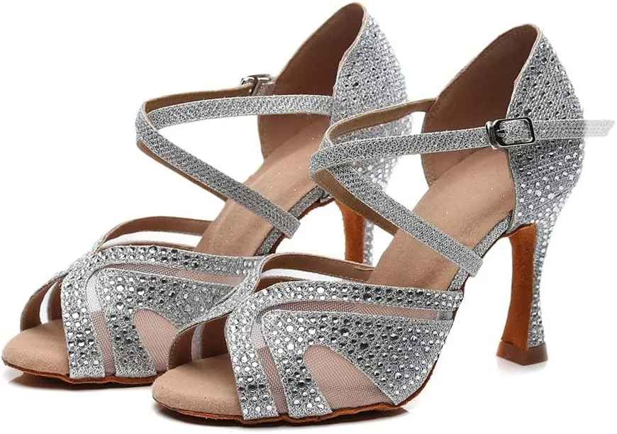TDA Women's Peep Toe Glitter Synthetic Rhinestones Mesh Salsa Social Latin Dance Shoes Wedding Praty Sandals