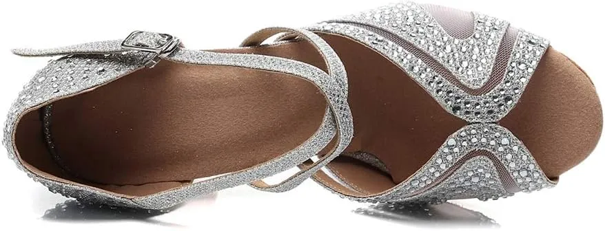 TDA Women's Peep Toe Glitter Synthetic Rhinestones Mesh Salsa Social Latin Dance Shoes Wedding Praty Sandals