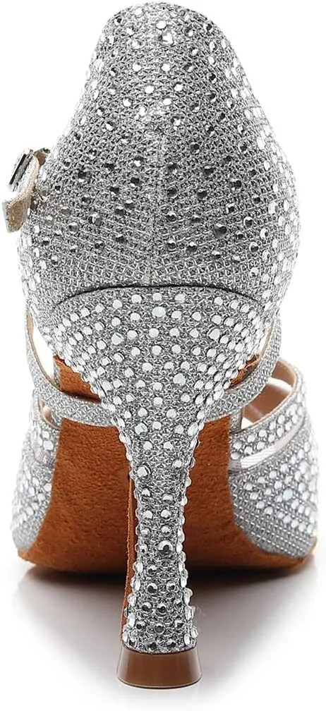 TDA Women's Peep Toe Glitter Synthetic Rhinestones Mesh Salsa Social Latin Dance Shoes Wedding Praty Sandals
