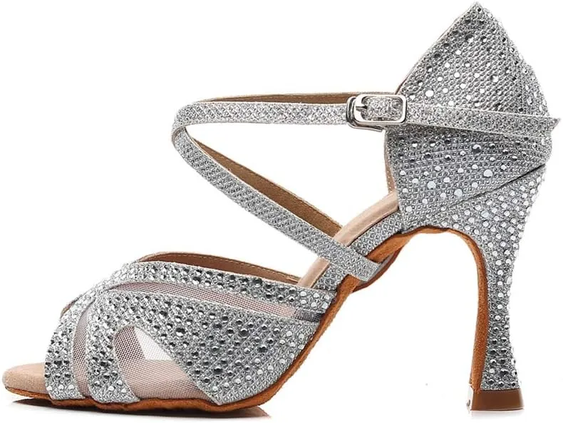 TDA Women's Peep Toe Glitter Synthetic Rhinestones Mesh Salsa Social Latin Dance Shoes Wedding Praty Sandals