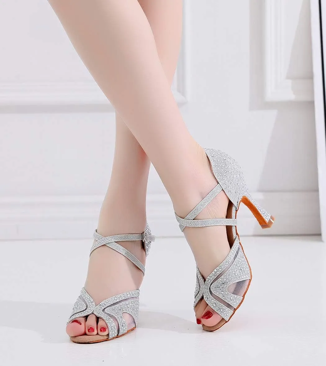 TDA Women's Peep Toe Glitter Synthetic Rhinestones Mesh Salsa Social Latin Dance Shoes Wedding Praty Sandals