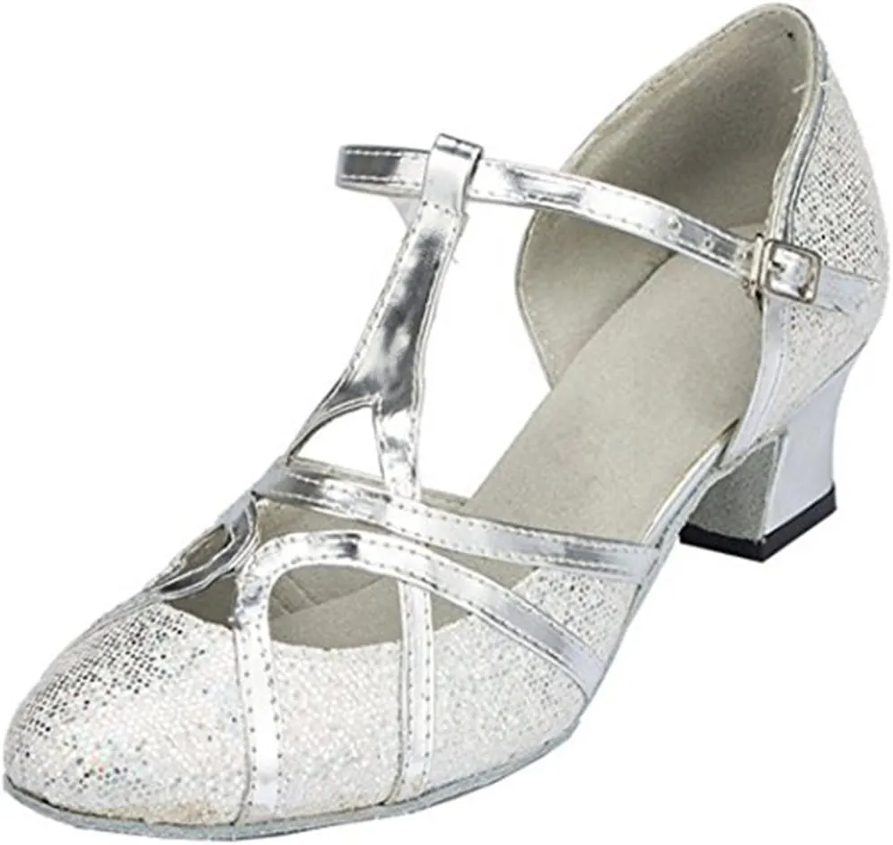 TDA Women's T-Strap Glitter Synthetic Salsa Tango Ballroom Latin Party Dance Shoes