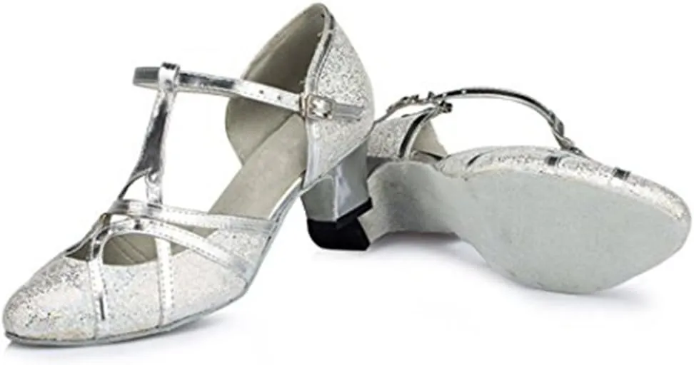 TDA Women's T-Strap Glitter Synthetic Salsa Tango Ballroom Latin Party Dance Shoes