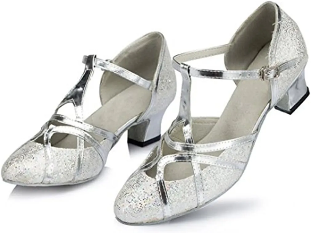 TDA Women's T-Strap Glitter Synthetic Salsa Tango Ballroom Latin Party Dance Shoes