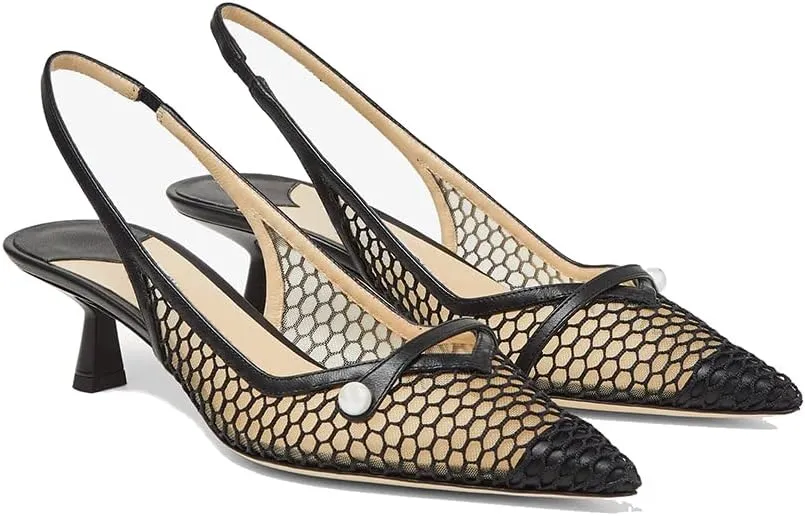 THESHY Women's Slingback Kitten Heel Glitter Pointed Toe Pearl Low Heel Pumps Casual Wedding Shoes for Women Fashion Dress Shoes