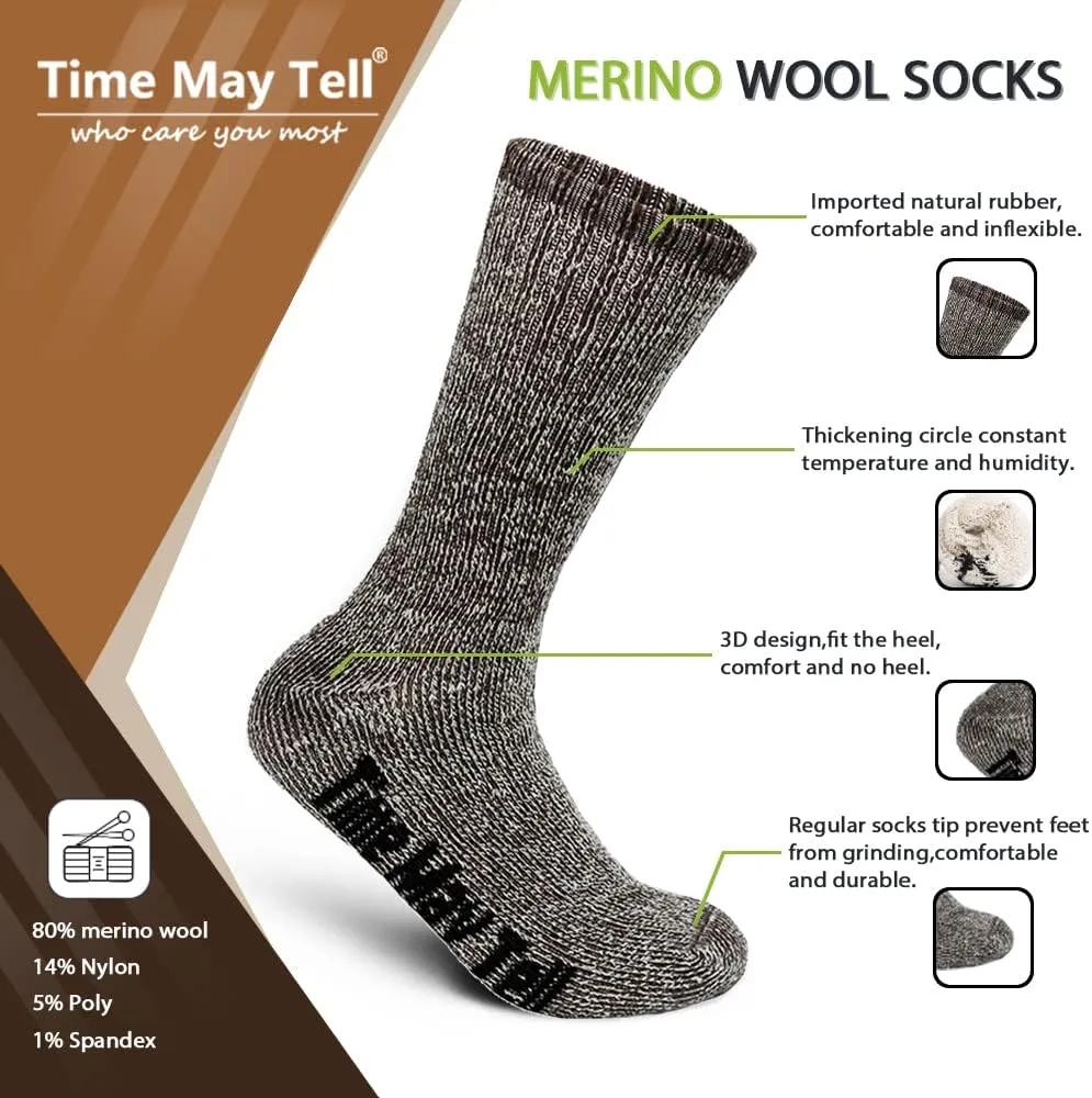 Time May Tell Mens Merino Wool Hiking Cushion Socks Thermal Warm Crew Winter Boot Socks Pack (2/4 Pair,6-13 Size)