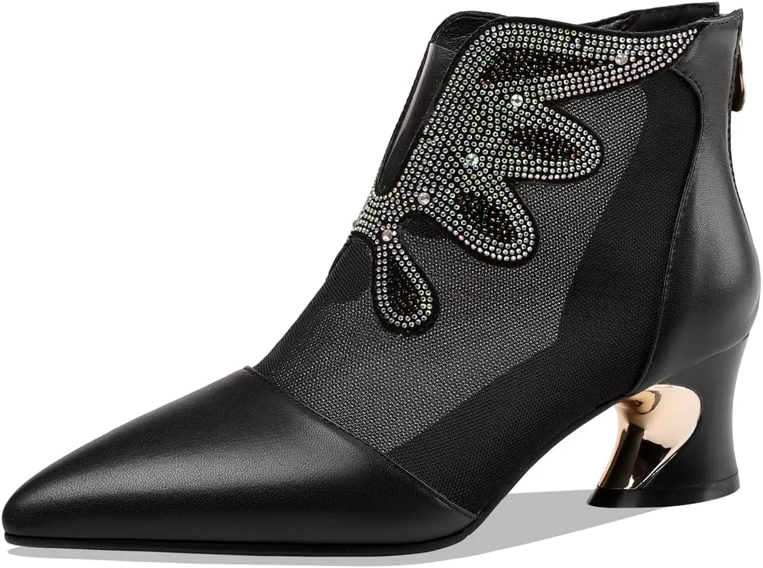 TinaCus Women's Handmade Genuine Leather and Mesh Back Zip Up Glitter Decor Chuncky Heel Summer Boots