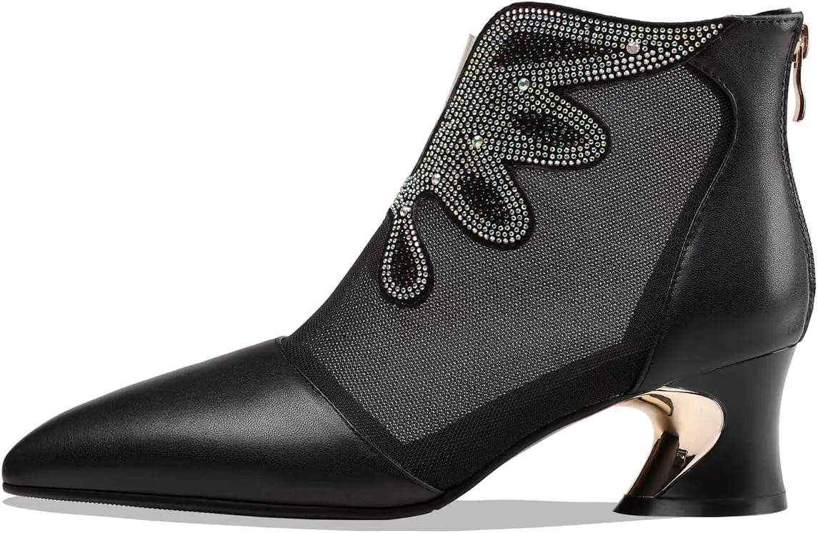 TinaCus Women's Handmade Genuine Leather and Mesh Back Zip Up Glitter Decor Chuncky Heel Summer Boots